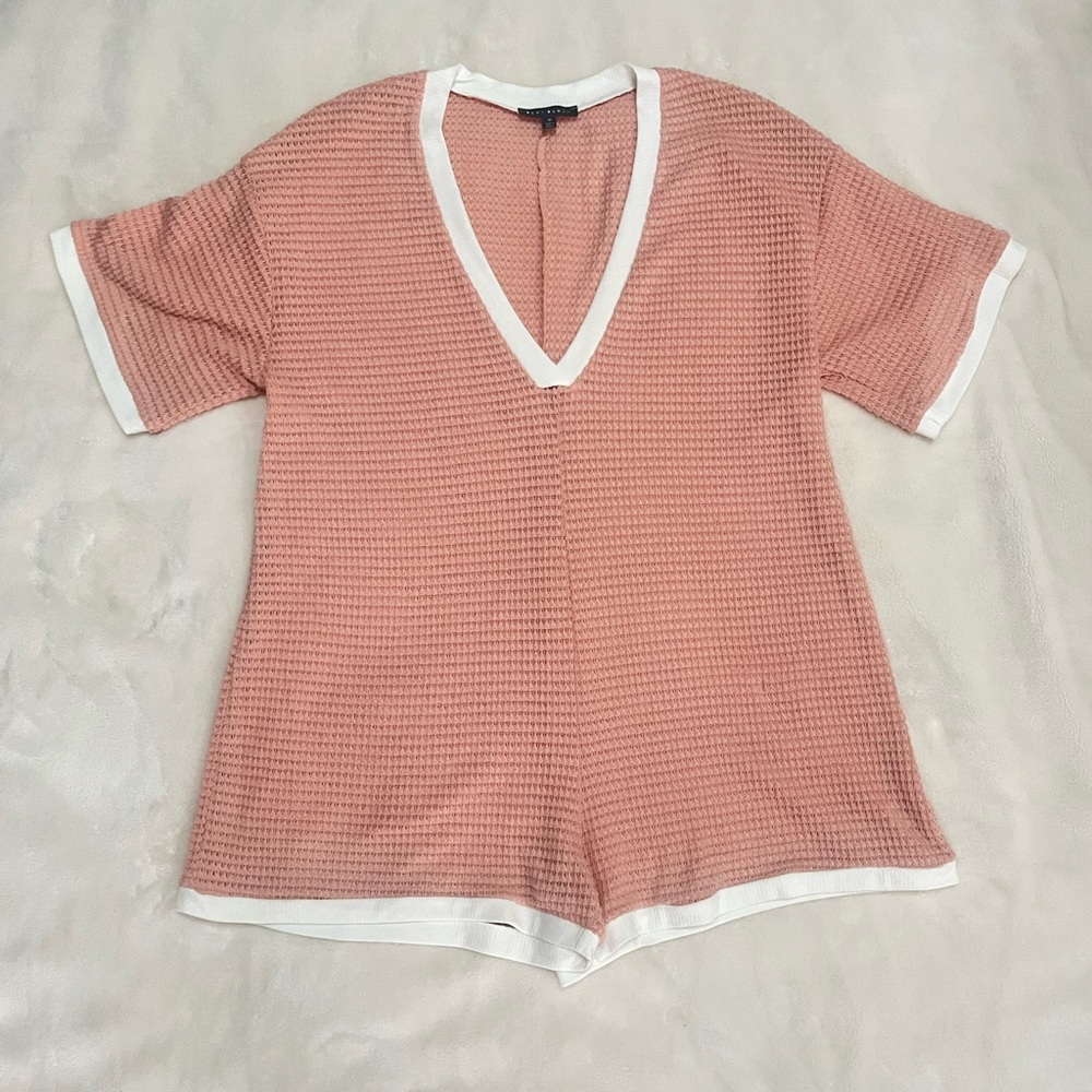 Pink V-Neck Textured Romper with White Trim Beach/ Swim Cover
